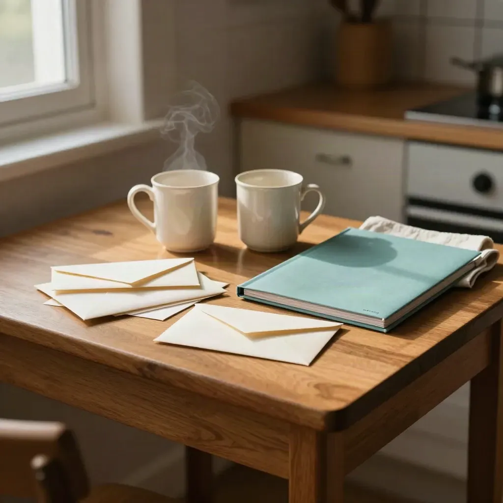 Angolo cucina con tazze, buste ordinate, calendario chiuso e cartellina morbida su tavolo in legno.