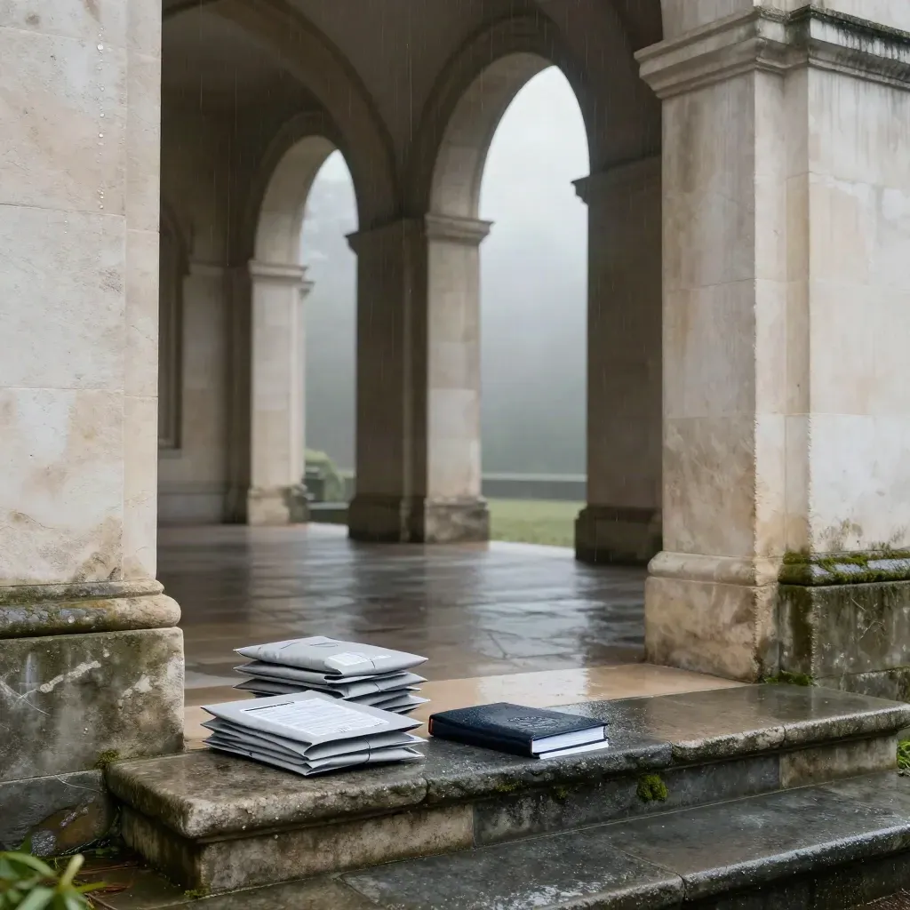 Portico in pietra bagnato dalla pioggia con buste ufficiali anonime e fascicolo chiuso