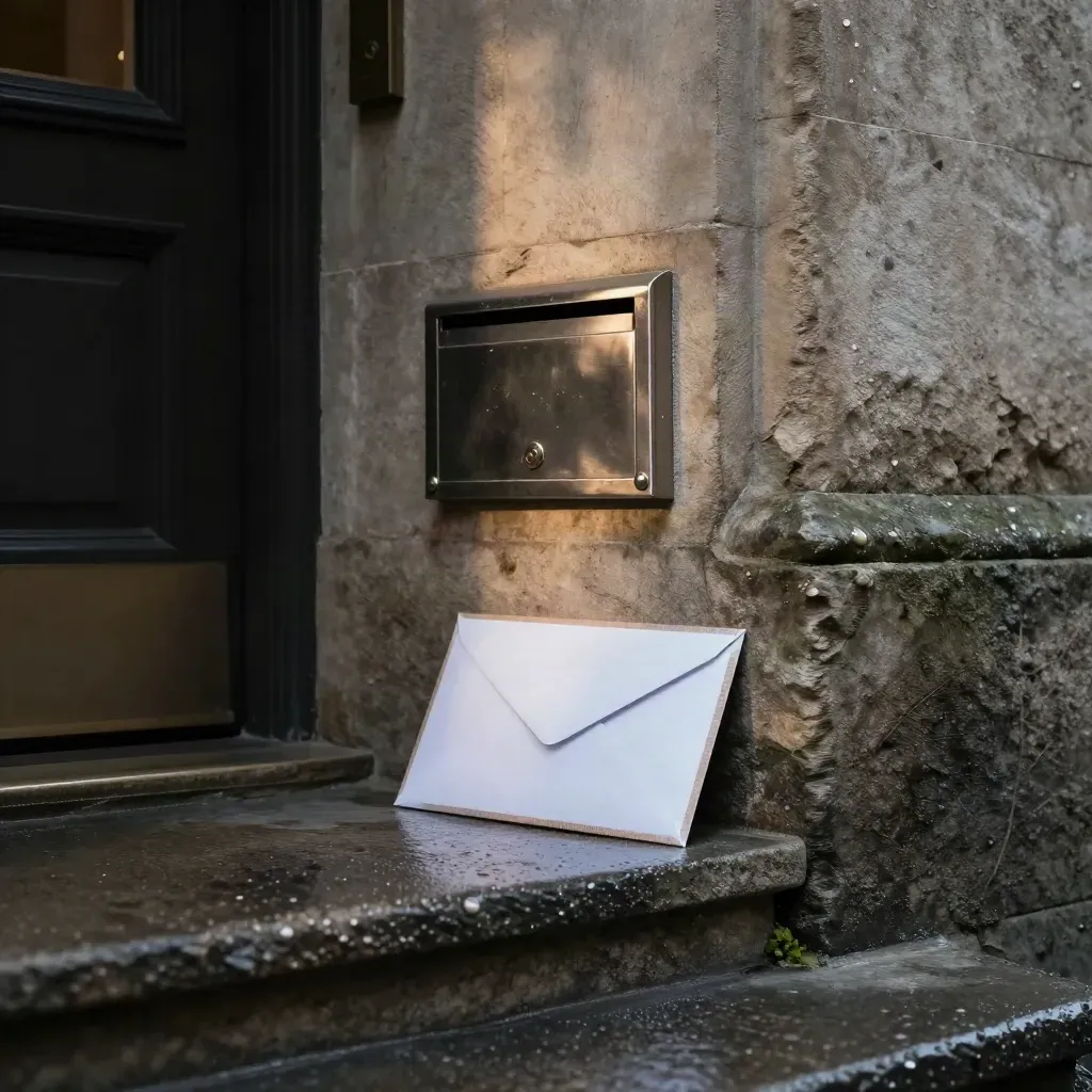 Ingresso in pietra con cassetta postale e buste ufficiali su gradini umidi.
