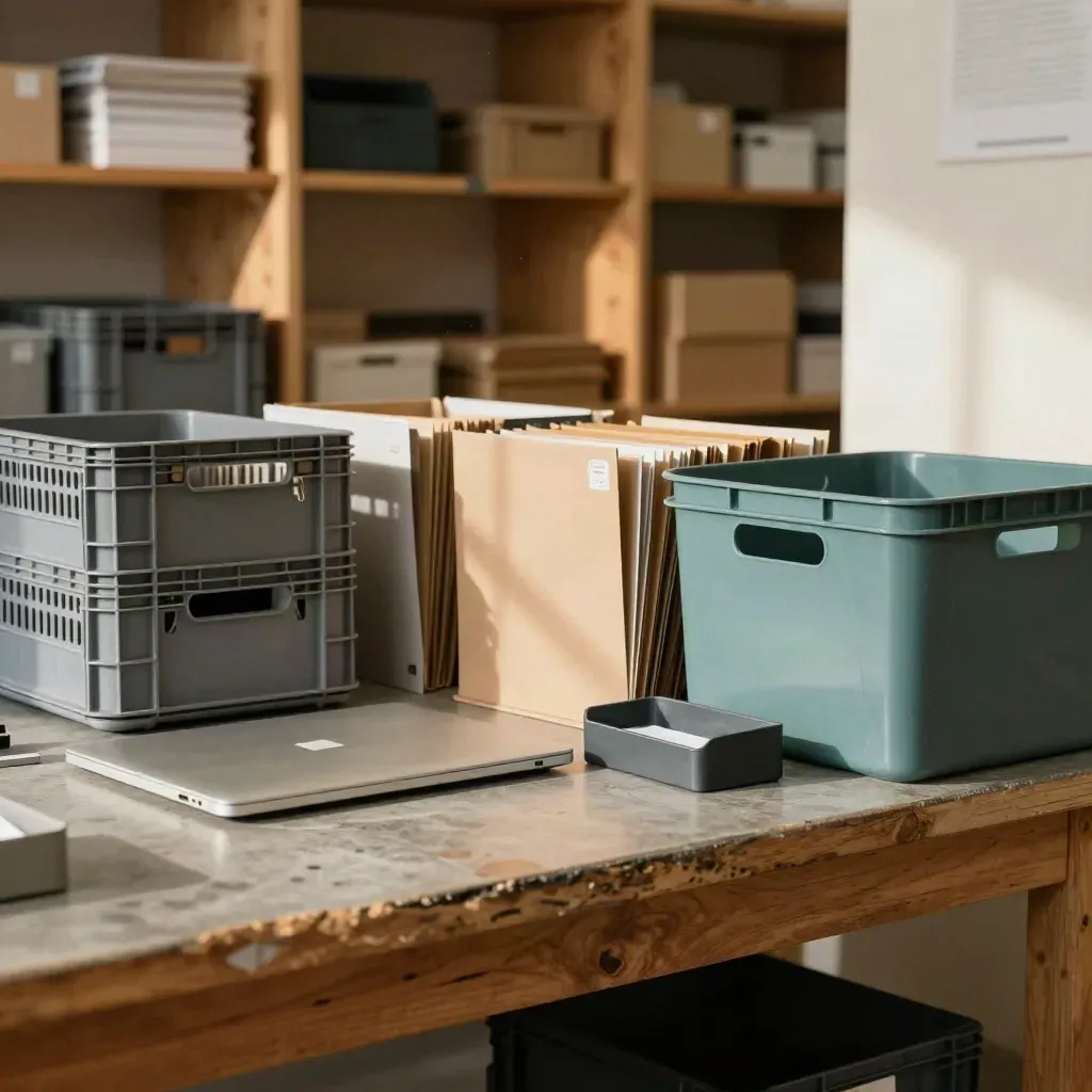 Piccolo magazzino d’impresa con cassette vuote, laptop chiuso e cartelle in ordine.